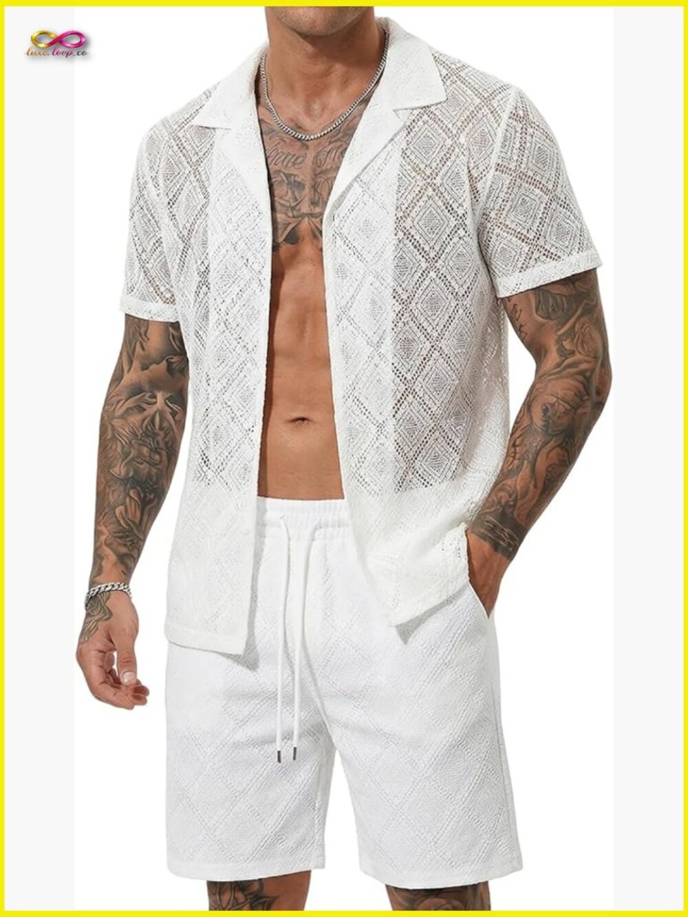 See Through Mesh Short Sleeve and Shorts Set Sexy Lace 2 Piece Summer Outfit
